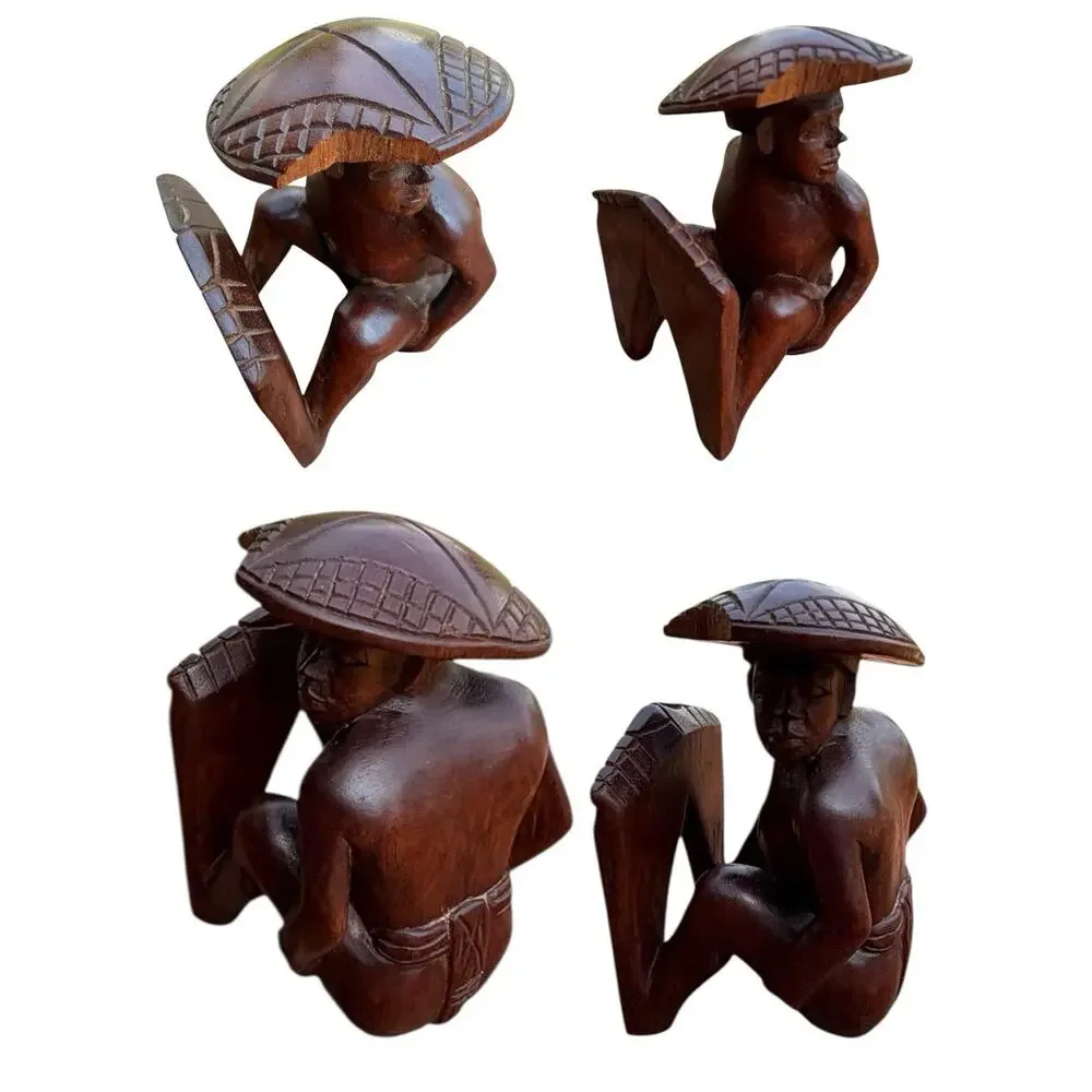 Vintage MCM Polynesian Man Carved Wood Bookend See Pics Of Sombrero